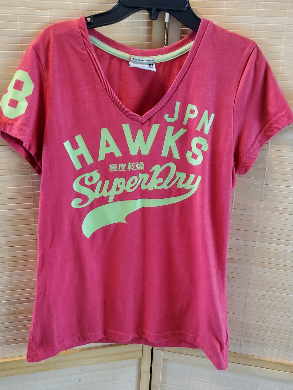 Superdry Women's Pink V-Neck 'HAWKS' Graphic Tee with Neon Green Print